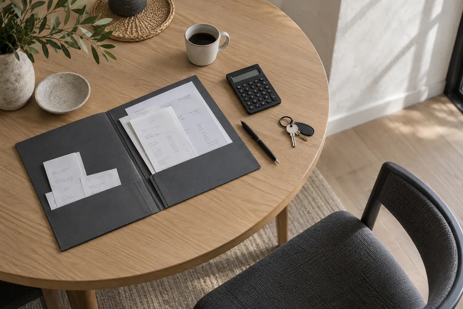 Geordnete Belege, Taschenrechner und Wohnungsschlüssel auf einem Tisch