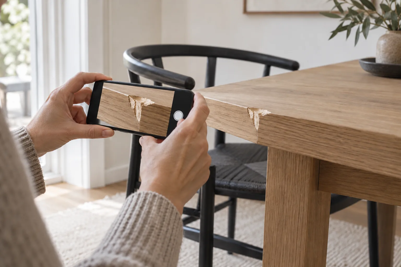 Ein Gastgeber fotografiert mit dem Smartphone eine beschädigte Tischkante