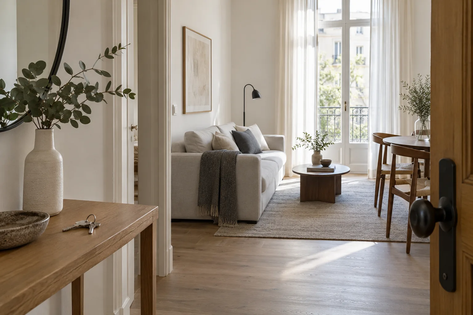 Blick durch den Eingang in eine gepflegte Ferienwohnung mit Schlüsseln auf der Konsole