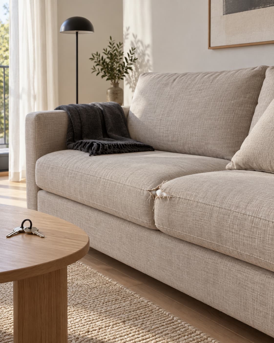 Illustrative Szene einer Ferienwohnung mit beschädigtem Sofapolster